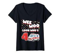 Donna Wee Woo Look Who Is 4 Anni Ambulanza 4 ° Compleanno Maglietta con Collo a V