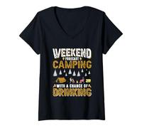 Donna Weekend Forecast Camping with A Change of Drinking Camper Maglietta con Collo a V