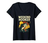 Donna Weekend Hooker Funny Uomo Vintage Big Mouth Bass Fishing Maglietta con Collo a V