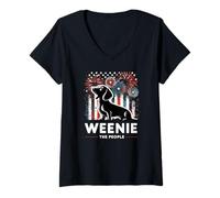 Donna Weenie The People Bassotto Cane Americano Patriottico Fuochi d'artificio Maglietta con Collo a V