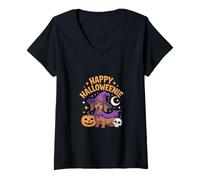 Donna Weiner Dog Witch Happy Halloweenie Cute Halloween Dachshund Maglietta con Collo a V