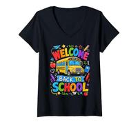 Donna Welcome Back To School Bus Teacher Classroom Pencil Art Maglietta con Collo a V