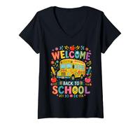 Donna Welcome Back To School Bus Teacher Classroom Pencil Art Maglietta con Collo a V