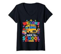Donna Welcome Back To School Bus Teacher Classroom Pencil Art Maglietta con Collo a V