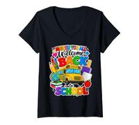 Donna Welcome Back To School Bus Teacher Classroom Pencil Art Maglietta con Collo a V