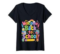 Donna Welcome Back To School Teacher Classroom Pencil Apple Maglietta con Collo a V