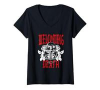 Donna Welcoming Death Gothic Skull Roses Maglietta con Collo a V