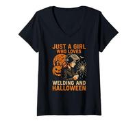 Donna Welder Girl Loves Halloween Fun Spooky Metalworker da Donna Maglietta con Collo a V