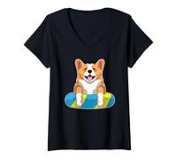 Donna Welsh Corgi Nuoto Tavoletta da Nuoto Estate Maglietta con Collo a V