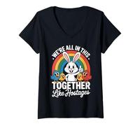 Donna We're all in This Together Funny Bunny Rainbow Maglietta con Collo a V