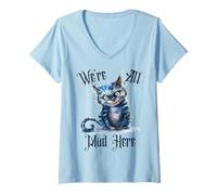 Donna We're all Mad Here Cheshire Cat Alice Wonderland Libro per Bambini Maglietta con Collo a V