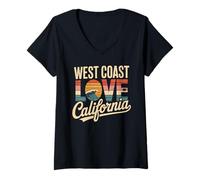 Donna West Coast Amore California Retro Surf Oceano Tramonto Spiaggia Maglietta con Collo a V