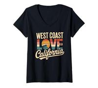 Donna West Coast Amore California Retro Surf Oceano Tramonto Spiaggia Maglietta con Collo a V