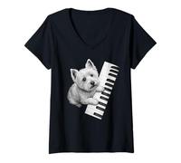 Donna West Highland White Terrier che suona il pianoforte pianista amante dei cani Maglietta con Collo a V