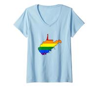 Donna West Virginia Mappa USA Stato Arcobaleno Flag Orgoglio Maglietta con Collo a V
