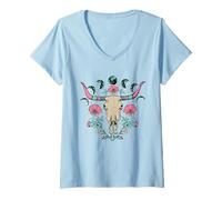 Donna Western Cow Skull Floral Boho Moon Phases Maglietta con Collo a V
