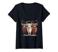 Donna Western - Divertenti Mucche di Natale - Country Christmas Maglietta con Collo a V