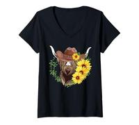Donna Western Highland - Cappello da Cowboy con Girasoli e Mucca, Stile Rustico Maglietta con Collo a V