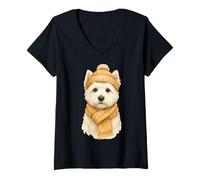 Donna Westie West Highland Terrier Invernale con Cappello e Sciarpa Maglietta con Collo a V