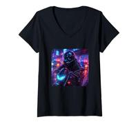 Donna Whale Cyberpunk Rider Motociclista Synthwave Maglietta con Collo a V
