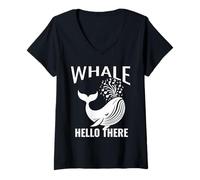 Donna Whale Hello There Crociera sul mare o sull'oceano Osservazione delle balene Un gioco di parole Maglietta con Collo a V