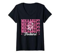 Donna Whassup? Flockers! Divertente Fenicottero Ragazza Mamma Rosa Coquette Fiocco Maglietta con Collo a V