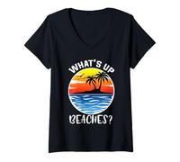 Donna What's Up Beaches? Spiaggia Palma Mare Maglietta con Collo a V
