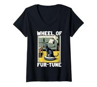 Donna Wheel of Fur-Tune Cat Joke Robot Aspirapolvere Cat Maglietta con Collo a V