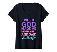 Donna When God Made Me He Grinned Battuta Religiosa Maglietta con Collo a V