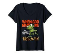 Donna When God Made Me He Grinned Funny Frog Sarcastico Meme Maglietta con Collo a V
