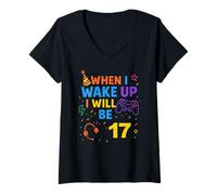 Donna When I Wake Up I Will Be 17 Diciassette Ragazzi Compleanno Gamer Maglietta con Collo a V