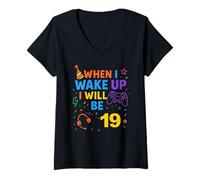 Donna When I Wake Up I Will Be 19 Diciannove Boy Birthday Gamer Maglietta con Collo a V