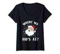 Donna Where My Hos At Christmas Pigiama Babbo Natale Faccia Babbo Natale Maglietta con Collo a V
