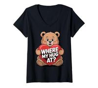 Donna Where My Hug At Bear Holding Heart Love Bear - Divertente Animale Maglietta con Collo a V