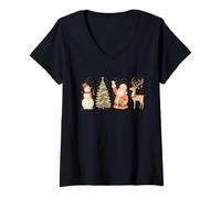 Donna Whimsical Christmas Friends - Santa, Snowman, Tree, Reindeer Maglietta con Collo a V