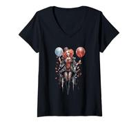 Donna Whimsical Gothic Clown with Balloons Maglietta con Collo a V
