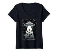 Donna Whimsical Kitten Cosmic UFO Astronave Gatto Galattico Maglietta con Collo a V