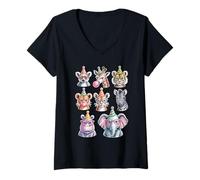 Donna Whimsical Wildlife Animals with Glasses Festa di Compleanno Maglietta con Collo a V