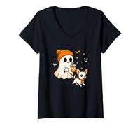 Donna White Chihuahua Halloween Ghost Walking Chihuahua Dog Maglietta con Collo a V