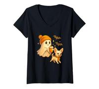 Donna White Chihuahua Halloween Ghost Walking Chihuahua Dog Maglietta con Collo a V
