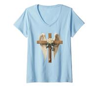 Donna White Rose Flower Christian Cross for Women And Blessed Mom Maglietta con Collo a V