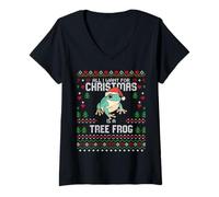 Donna White Tree Frog Christmas Brutto Natale Maglione Rane Maglietta con Collo a V