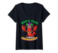 Donna Who's Your Crawdaddy Mardi Gras Crawfish Perline giullare Maglietta con Collo a V