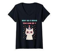 Donna Why Be 6 When You Can Be 7 - Girls Birthday Cartoon Cat Maglietta con Collo a V