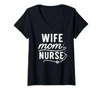 Donna Wife Mom Nurse Script Stethoscope Heart Graphic Maglietta con Collo a V