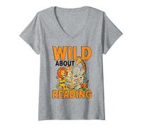 Donna Wild About Reading Jungle Animals Bookworm Libri Maglietta con Collo a V