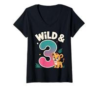 Donna Wild And 3 Funny 3rd Birthday Cute Lion Ragazzi Ragazze Maglietta con Collo a V