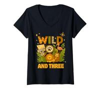 Donna Wild And Three, Safari Jungle Animal, per Ragazzi e Ragazze, per Il Terzo Compleanno Maglietta con Collo a V