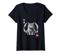 Donna Wild Cat Neko - Cerchio Zen Giapponese con Gatto Maglietta con Collo a V
