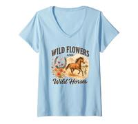Donna Wild Flowers And Wild Horses Western Watercolor Graphic Maglietta con Collo a V